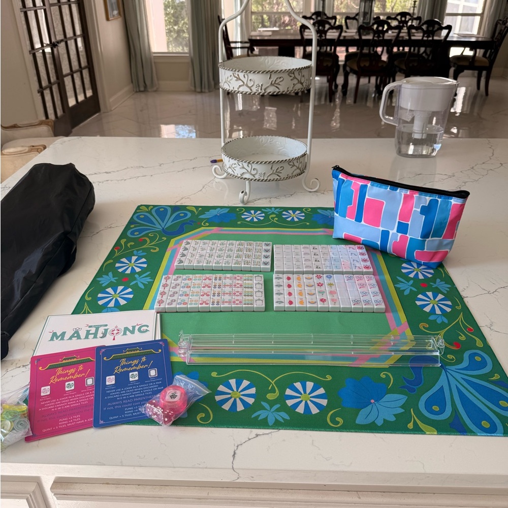 Set with Green Floral Play Mat and Pink/Blue Accessory Pouch
